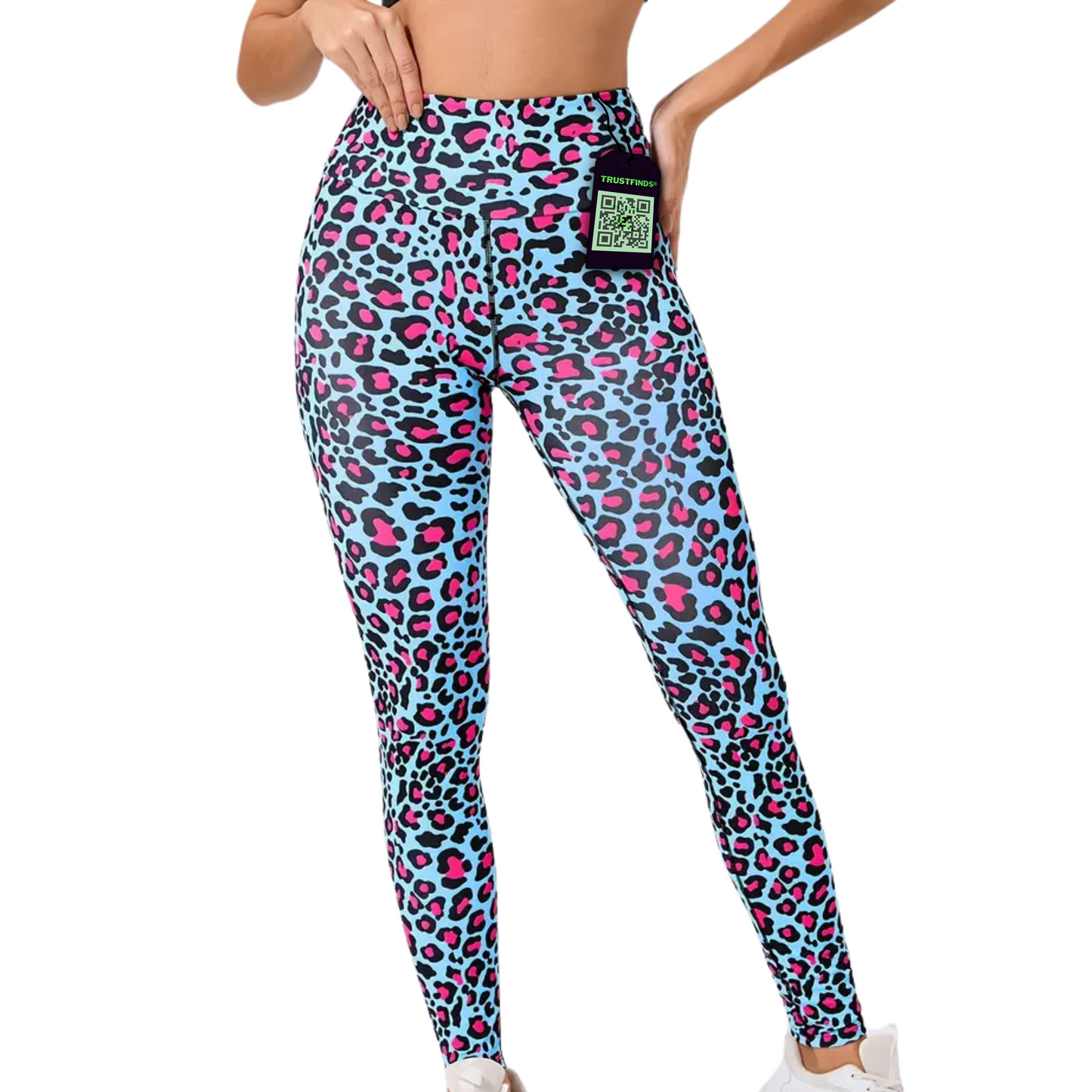 Women's High-Waist Cyan & Pink Leopard Print Yoga Leggings - Stretchy, Tummy Control Activewear for Running & Fitness Training