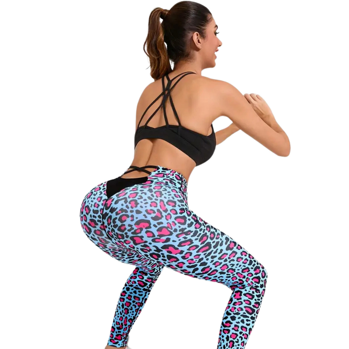 Women's High-Waist Cyan & Pink Leopard Print Yoga Leggings - Stretchy, Tummy Control Activewear for Running &amp; Fitness Training
