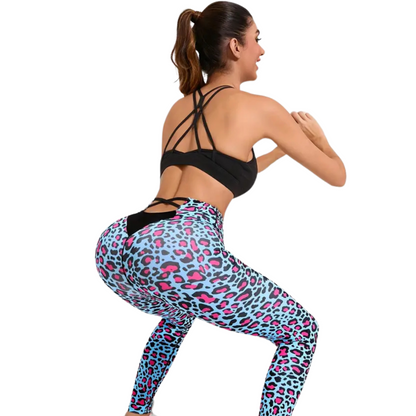 Women's High-Waist Cyan & Pink Leopard Print Yoga Leggings - Stretchy, Tummy Control Activewear for Running &amp; Fitness Training