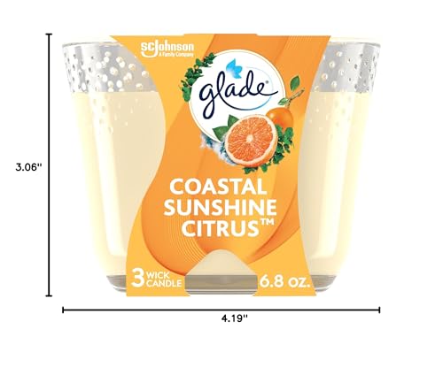 Glade Scented 3-Wick Candle Jar, Coastal Sunshine Citrus, Fragrance Infused with Essential Oils, 6.8 oz