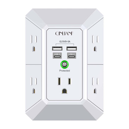 Wall Charger, Surge Protector, QINLIANF 5 Outlet Extender with 4 USB Charging Ports, 3-Sided 1680J Power Strip Multi Plug Adapter Spaced for Home Travel Office