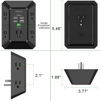 Wall Charger, Surge Protector, QINLIANF 5 Outlet Extender with 4 USB Charging Ports, 3-Sided 1680J Power Strip Multi Plug Adapter Spaced for Home Travel Office