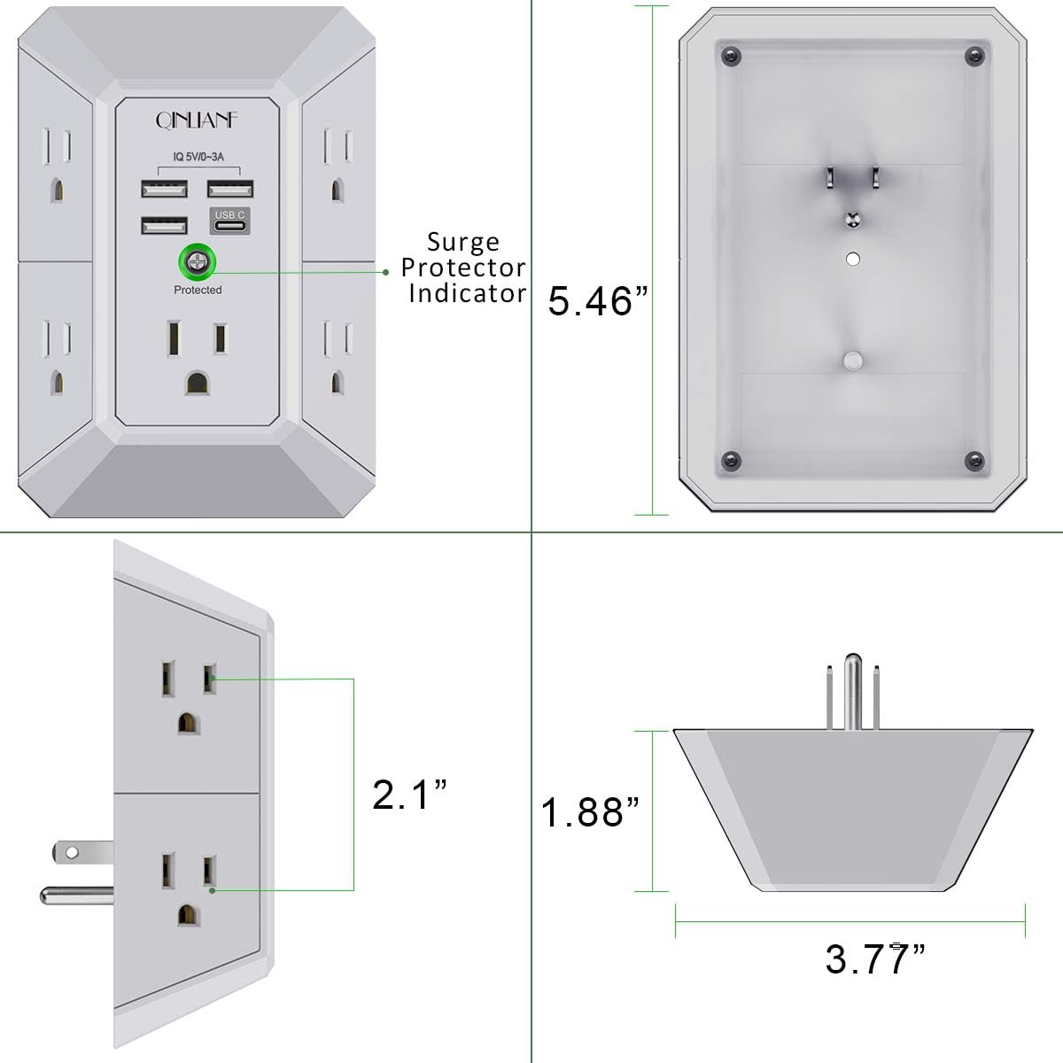Wall Charger, Surge Protector, QINLIANF 5 Outlet Extender with 4 USB Charging Ports, 3-Sided 1680J Power Strip Multi Plug Adapter Spaced for Home Travel Office