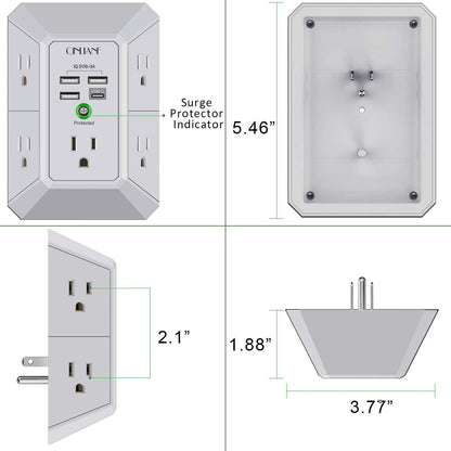 Wall Charger, Surge Protector, QINLIANF 5 Outlet Extender with 4 USB Charging Ports, 3-Sided 1680J Power Strip Multi Plug Adapter Spaced for Home Travel Office