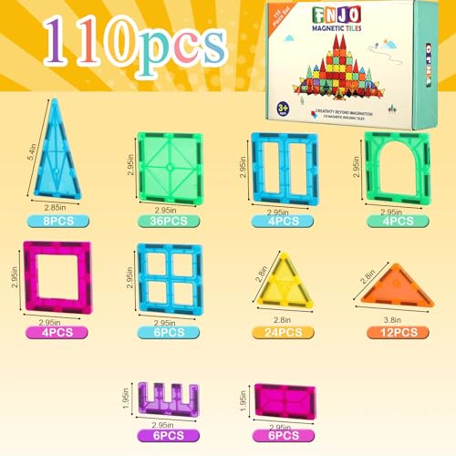 FNJO Magnetic Tiles, 110PCS Magnet Building Set, Magnetic Building Blocks,Construction STEM Learning and Playing Toys for Kids, Montessori Toy for Preschool Boys Girls Toddlers Classroom Must-Haves