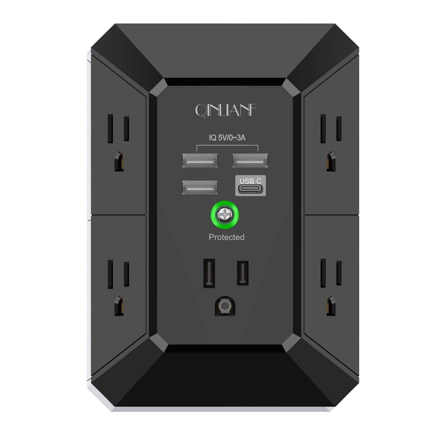 Wall Charger, Surge Protector, QINLIANF 5 Outlet Extender with 4 USB Charging Ports, 3-Sided 1680J Power Strip Multi Plug Adapter Spaced for Home Travel Office