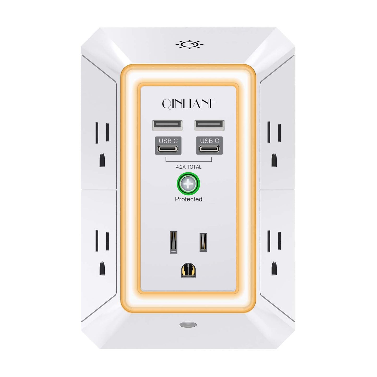 Wall Charger, Surge Protector, QINLIANF 5 Outlet Extender with 4 USB Charging Ports, 3-Sided 1680J Power Strip Multi Plug Adapter Spaced for Home Travel Office