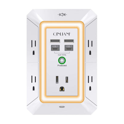 Wall Charger, Surge Protector, QINLIANF 5 Outlet Extender with 4 USB Charging Ports, 3-Sided 1680J Power Strip Multi Plug Adapter Spaced for Home Travel Office