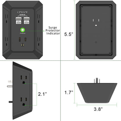 Wall Charger, Surge Protector, QINLIANF 5 Outlet Extender with 4 USB Charging Ports, 3-Sided 1680J Power Strip Multi Plug Adapter Spaced for Home Travel Office