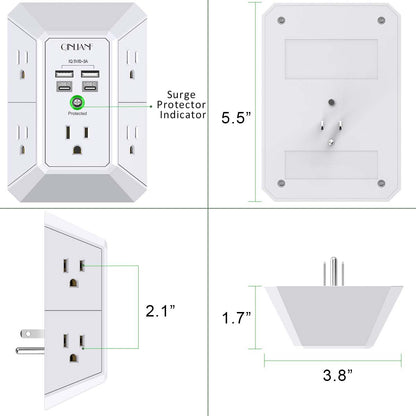 Wall Charger, Surge Protector, QINLIANF 5 Outlet Extender with 4 USB Charging Ports, 3-Sided 1680J Power Strip Multi Plug Adapter Spaced for Home Travel Office