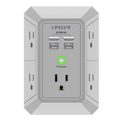 Wall Charger, Surge Protector, QINLIANF 5 Outlet Extender with 4 USB Charging Ports, 3-Sided 1680J Power Strip Multi Plug Adapter Spaced for Home Travel Office