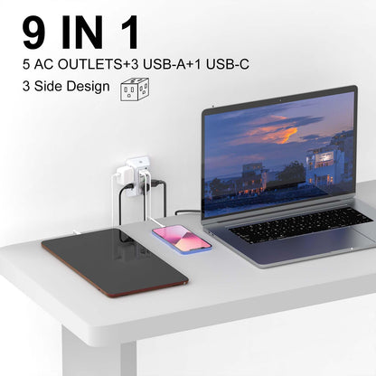 Wall Charger, Surge Protector, QINLIANF 5 Outlet Extender with 4 USB Charging Ports, 3-Sided 1680J Power Strip Multi Plug Adapter Spaced for Home Travel Office