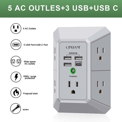 Wall Charger, Surge Protector, QINLIANF 5 Outlet Extender with 4 USB Charging Ports, 3-Sided 1680J Power Strip Multi Plug Adapter Spaced for Home Travel Office