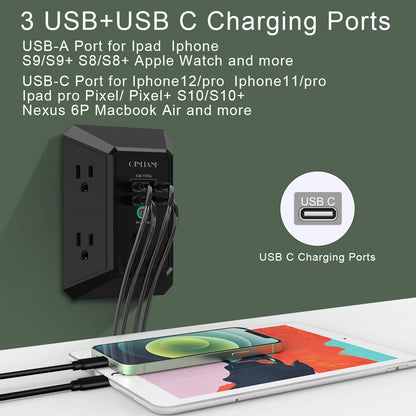Wall Charger, Surge Protector, QINLIANF 5 Outlet Extender with 4 USB Charging Ports, 3-Sided 1680J Power Strip Multi Plug Adapter Spaced for Home Travel Office