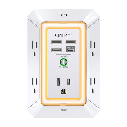 Wall Charger, Surge Protector, QINLIANF 5 Outlet Extender with 4 USB Charging Ports, 3-Sided 1680J Power Strip Multi Plug Adapter Spaced for Home Travel Office