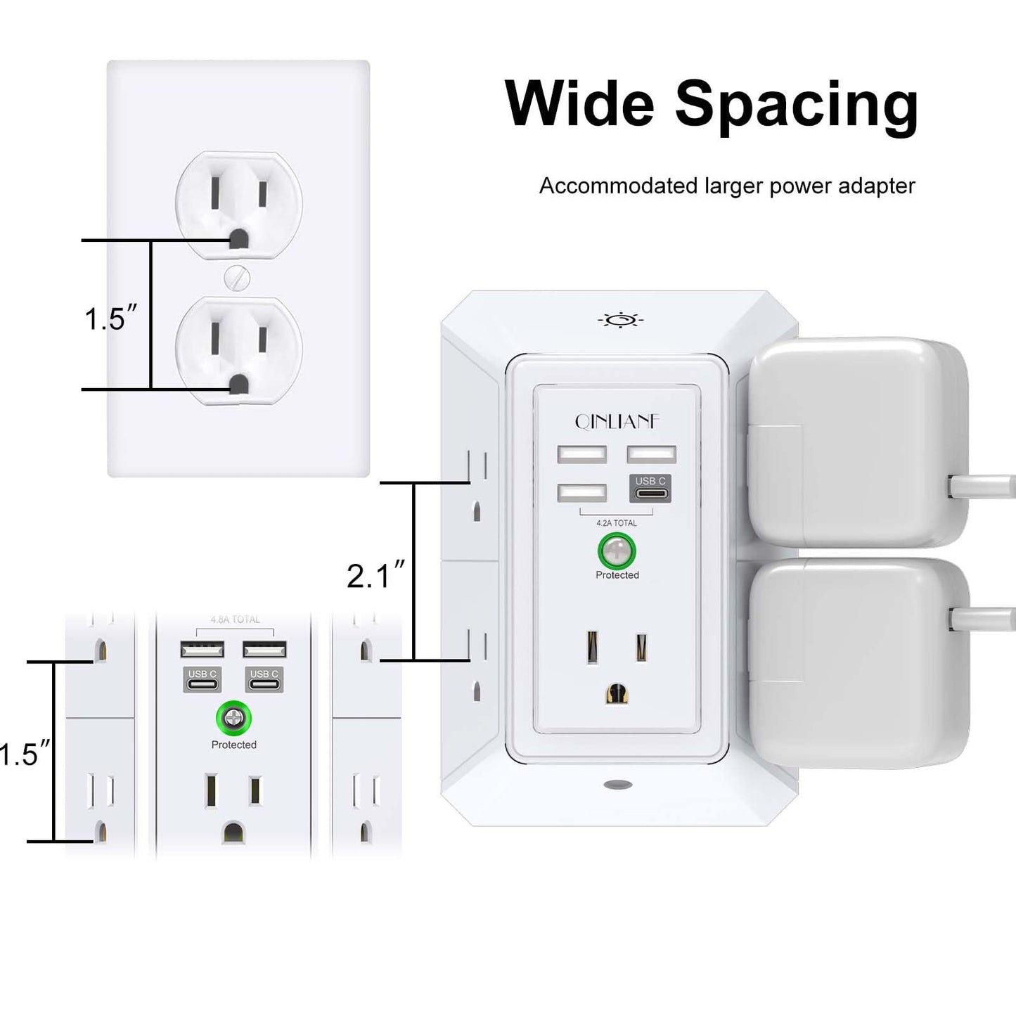 Wall Charger, Surge Protector, QINLIANF 5 Outlet Extender with 4 USB Charging Ports, 3-Sided 1680J Power Strip Multi Plug Adapter Spaced for Home Travel Office