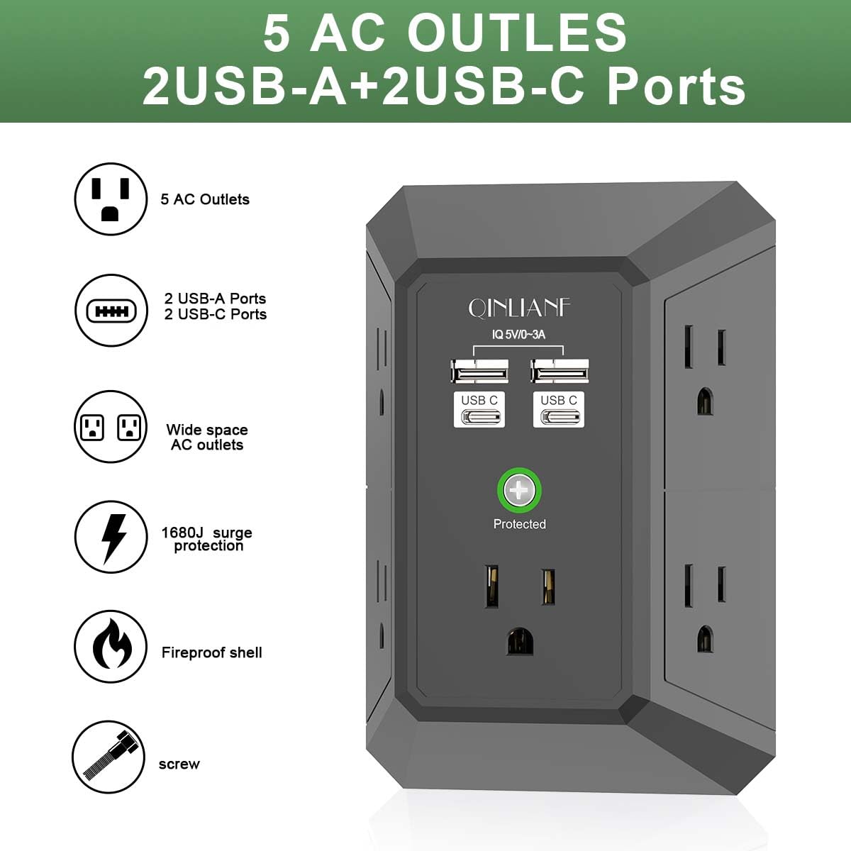 Wall Charger, Surge Protector, QINLIANF 5 Outlet Extender with 4 USB Charging Ports, 3-Sided 1680J Power Strip Multi Plug Adapter Spaced for Home Travel Office