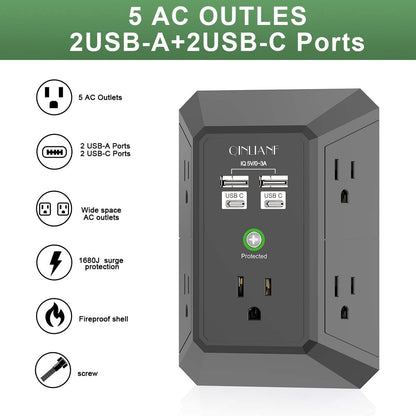 Wall Charger, Surge Protector, QINLIANF 5 Outlet Extender with 4 USB Charging Ports, 3-Sided 1680J Power Strip Multi Plug Adapter Spaced for Home Travel Office