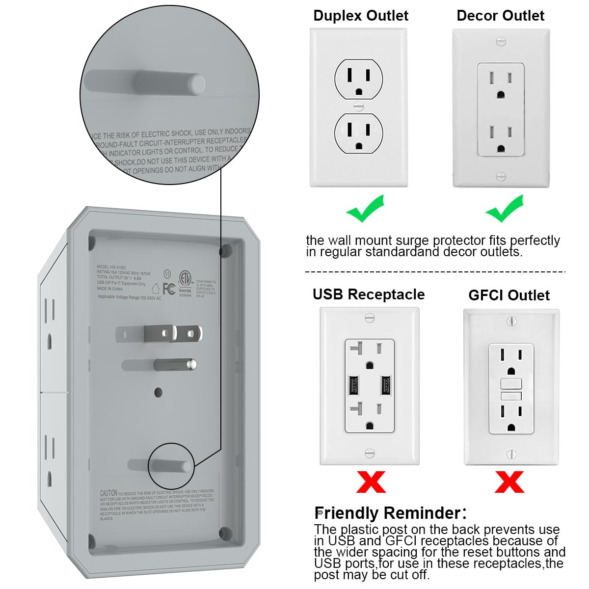 Wall Charger, Surge Protector, QINLIANF 5 Outlet Extender with 4 USB Charging Ports, 3-Sided 1680J Power Strip Multi Plug Adapter Spaced for Home Travel Office