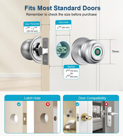 Fingerprint Door Lock, Smart Fingerprint Door Knob with Lock, Biometric Door Locks with App Control & Key, Keyless Thumbprint Entry Door Locks for Bedroom, Front Door, Home, Apartment-Silver
