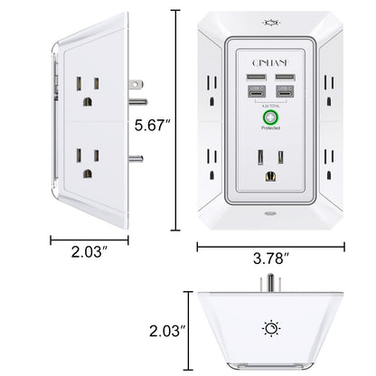 Wall Charger, Surge Protector, QINLIANF 5 Outlet Extender with 4 USB Charging Ports, 3-Sided 1680J Power Strip Multi Plug Adapter Spaced for Home Travel Office