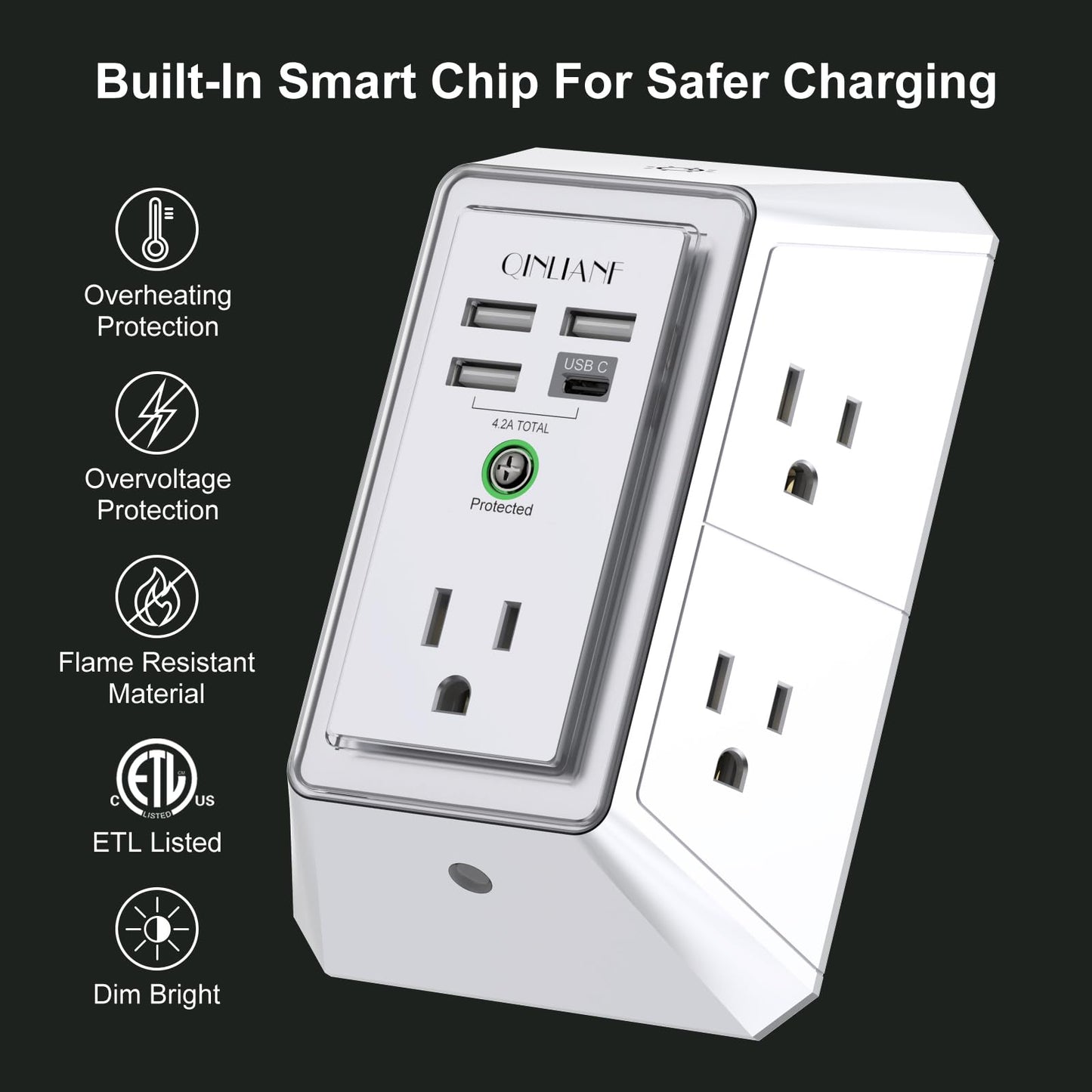 Wall Charger, Surge Protector, QINLIANF 5 Outlet Extender with 4 USB Charging Ports, 3-Sided 1680J Power Strip Multi Plug Adapter Spaced for Home Travel Office