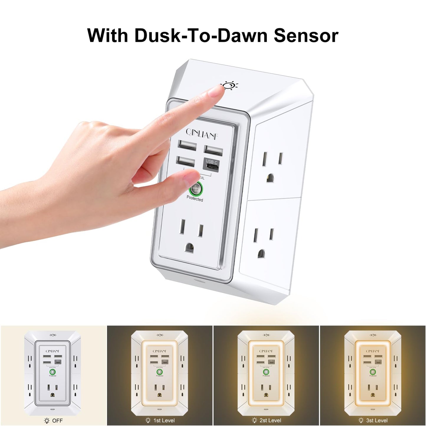 Wall Charger, Surge Protector, QINLIANF 5 Outlet Extender with 4 USB Charging Ports, 3-Sided 1680J Power Strip Multi Plug Adapter Spaced for Home Travel Office
