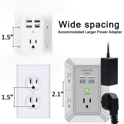 Wall Charger, Surge Protector, QINLIANF 5 Outlet Extender with 4 USB Charging Ports, 3-Sided 1680J Power Strip Multi Plug Adapter Spaced for Home Travel Office