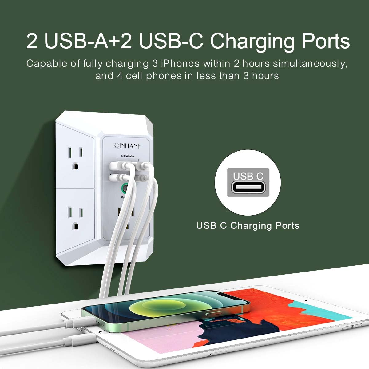Wall Charger, Surge Protector, QINLIANF 5 Outlet Extender with 4 USB Charging Ports, 3-Sided 1680J Power Strip Multi Plug Adapter Spaced for Home Travel Office