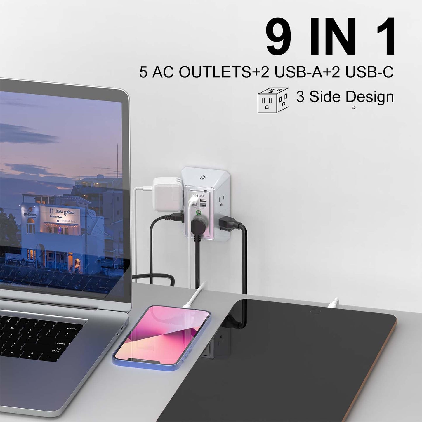 Wall Charger, Surge Protector, QINLIANF 5 Outlet Extender with 4 USB Charging Ports, 3-Sided 1680J Power Strip Multi Plug Adapter Spaced for Home Travel Office