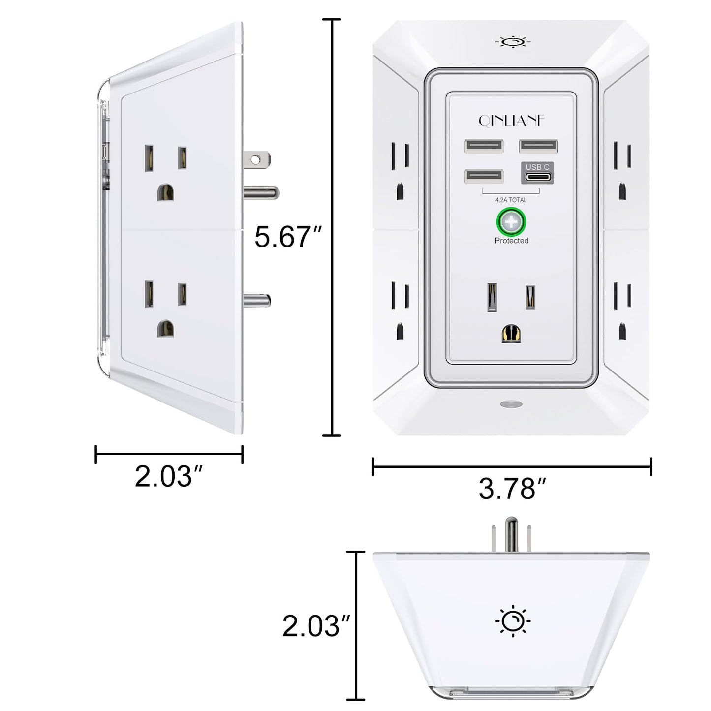 Wall Charger, Surge Protector, QINLIANF 5 Outlet Extender with 4 USB Charging Ports, 3-Sided 1680J Power Strip Multi Plug Adapter Spaced for Home Travel Office