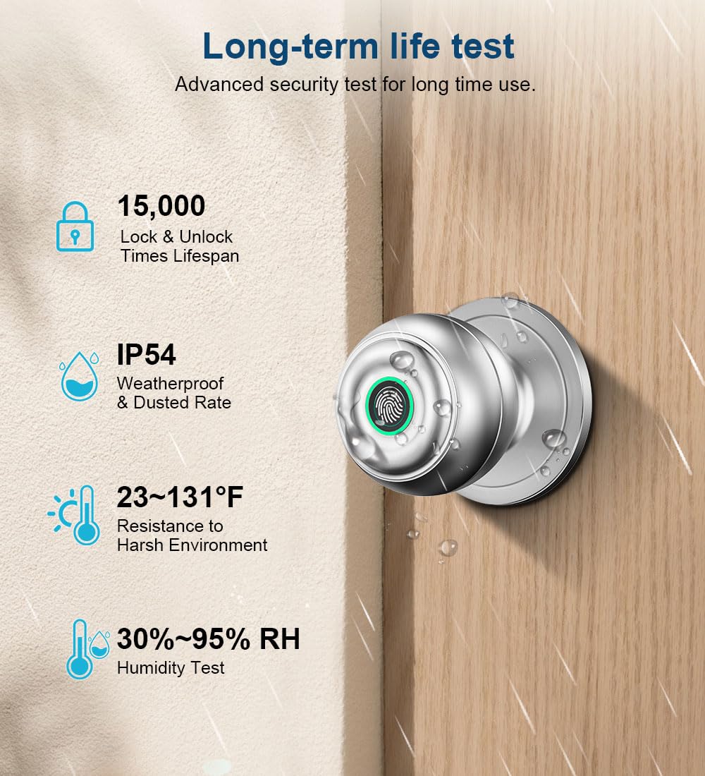 Fingerprint Door Lock, Smart Fingerprint Door Knob with Lock, Biometric Door Locks with App Control & Key, Keyless Thumbprint Entry Door Locks for Bedroom, Front Door, Home, Apartment-Silver