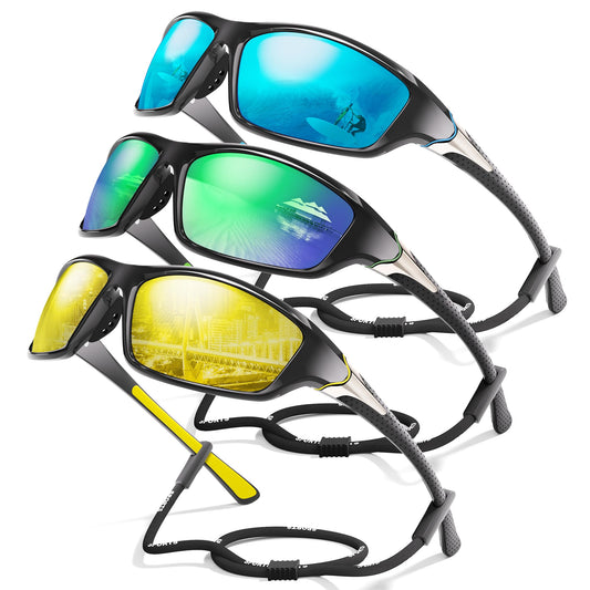 3 Pack Polarized Sports Sunglasses for Men, Mens Sunglasses Wrap Around UV400 Protection for Cycling Fishing Driving