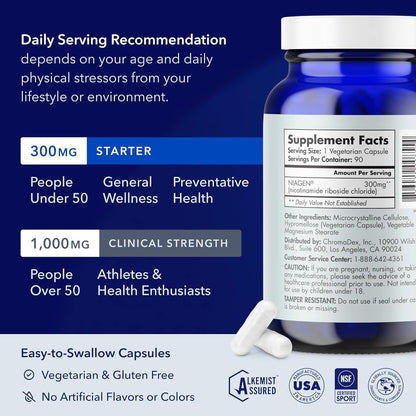TRU NIAGEN Patented NAD+ Supplement for Anti Aging and Cell Regeneration, 300 mg Niagen, 30 Servings | Supports Cellular Energy, Brain, Muscle | Nicotinamide Riboside (NR) Take 1 Daily | 1 Bottle