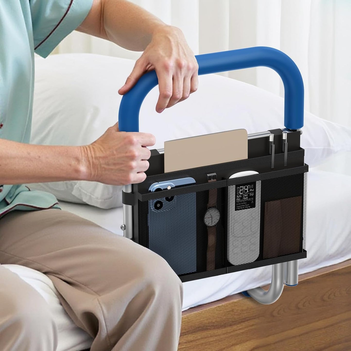 Bed Rails for Elderly Adults Safety, Height Adjustable Bed Assist Rail for Seniors with Storage Organizer and Non-Slip Handle, Bedside Fall Prevent Grab Bar