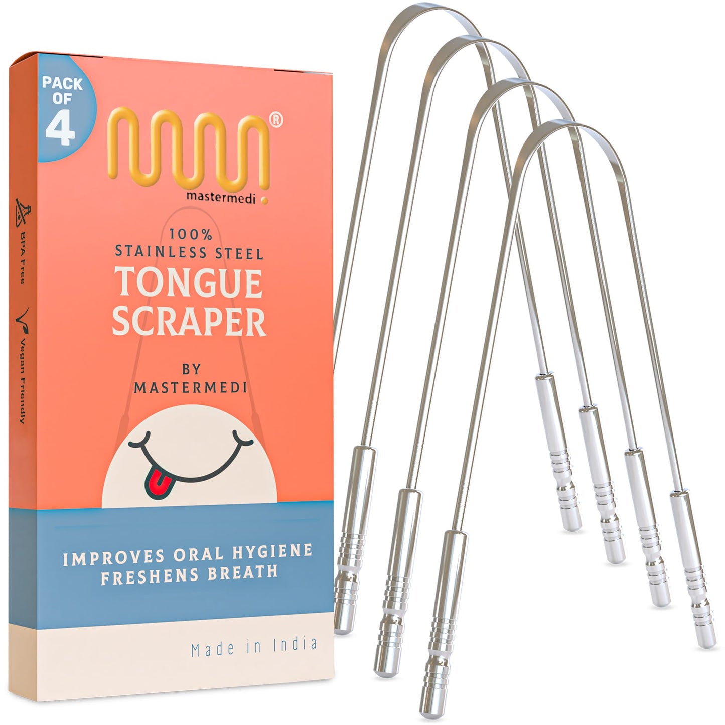 MasterMedi Tongue Scraper for Adults with Multicolor Travel Cases (2 Pack), 100% Stainless Steel, Reduce Bad Breath, Tongue Scrubber, Easy to Use, Tongue Cleaner for Oral Care & Hygiene