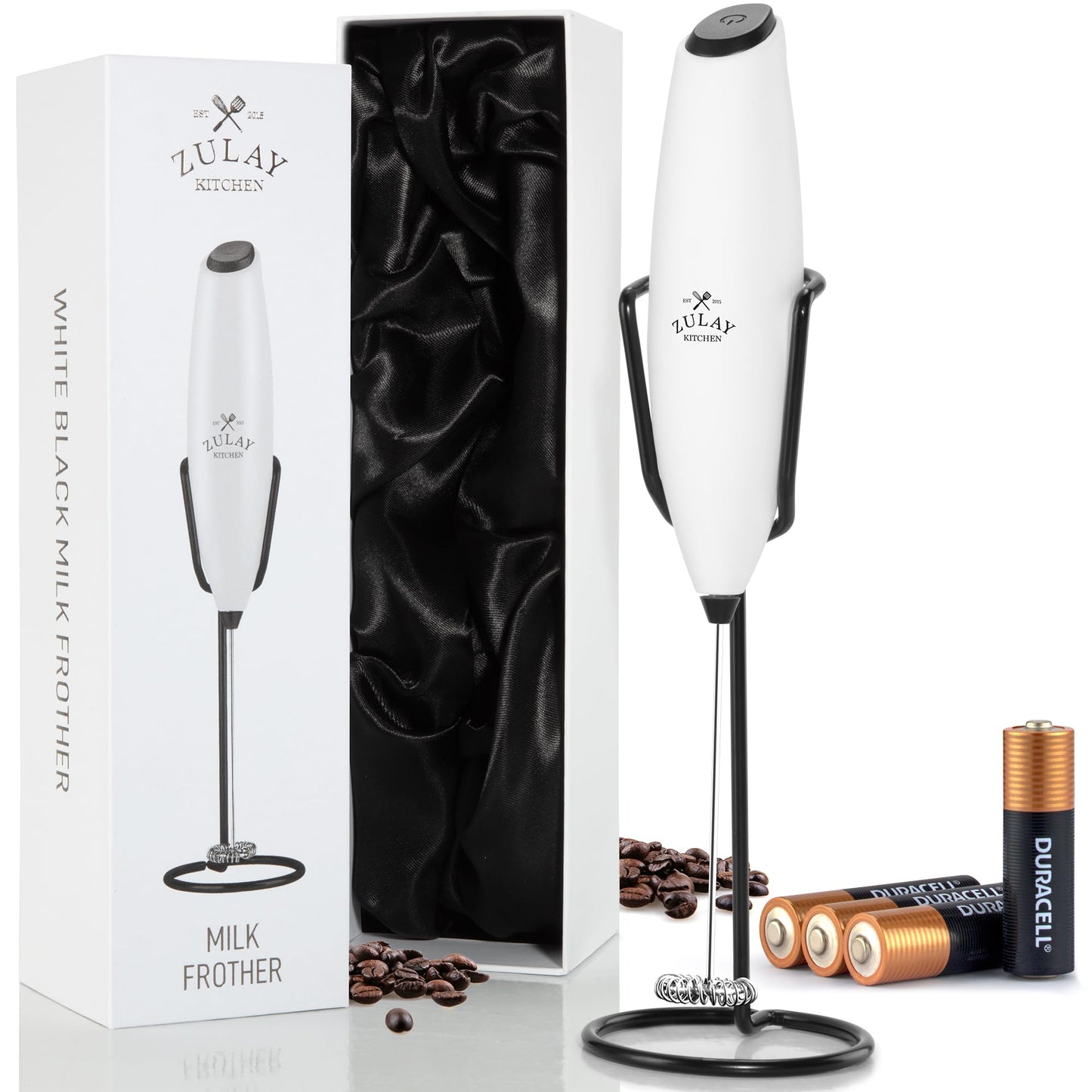 Zulay Kitchen Powerful Milk Frother Wand With 2 Duracell Batteries - Ultra Fast Handheld Drink Mixer - Electric Whisk Foam Maker for Coffee, Lattes, Cappuccino, Matcha, Hot Chocolate & Creamer - Black
