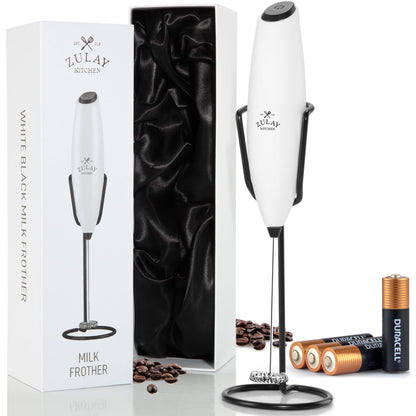Zulay Kitchen Powerful Milk Frother Wand With 2 Duracell Batteries - Ultra Fast Handheld Drink Mixer - Electric Whisk Foam Maker for Coffee, Lattes, Cappuccino, Matcha, Hot Chocolate & Creamer - Black