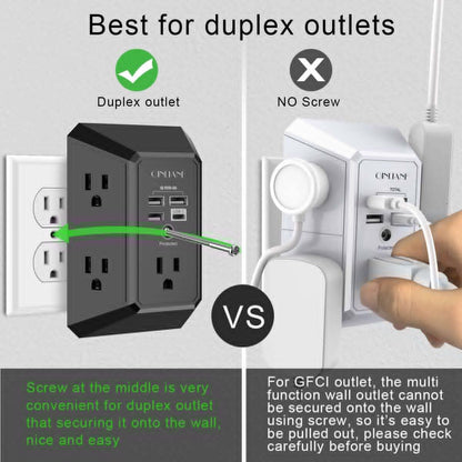 Wall Charger, Surge Protector, QINLIANF 5 Outlet Extender with 4 USB Charging Ports, 3-Sided 1680J Power Strip Multi Plug Adapter Spaced for Home Travel Office