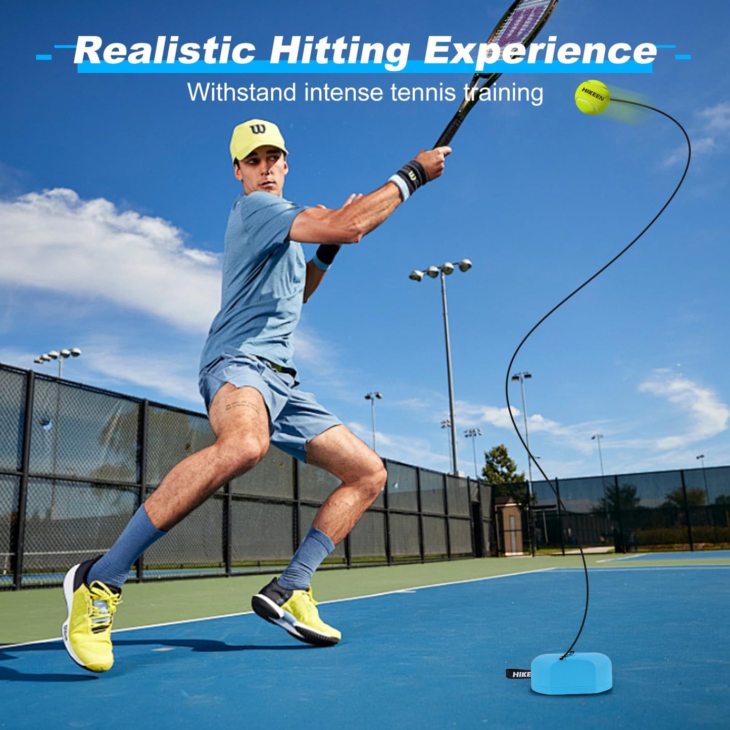 Hikeen Premium Tennis Trainer Rebound with Metal Base,Portable Solo Tennis Trainer Set with 3 Highly Elastic String Balls,Tennis Practice Equipment for Adult Kids and Beginners