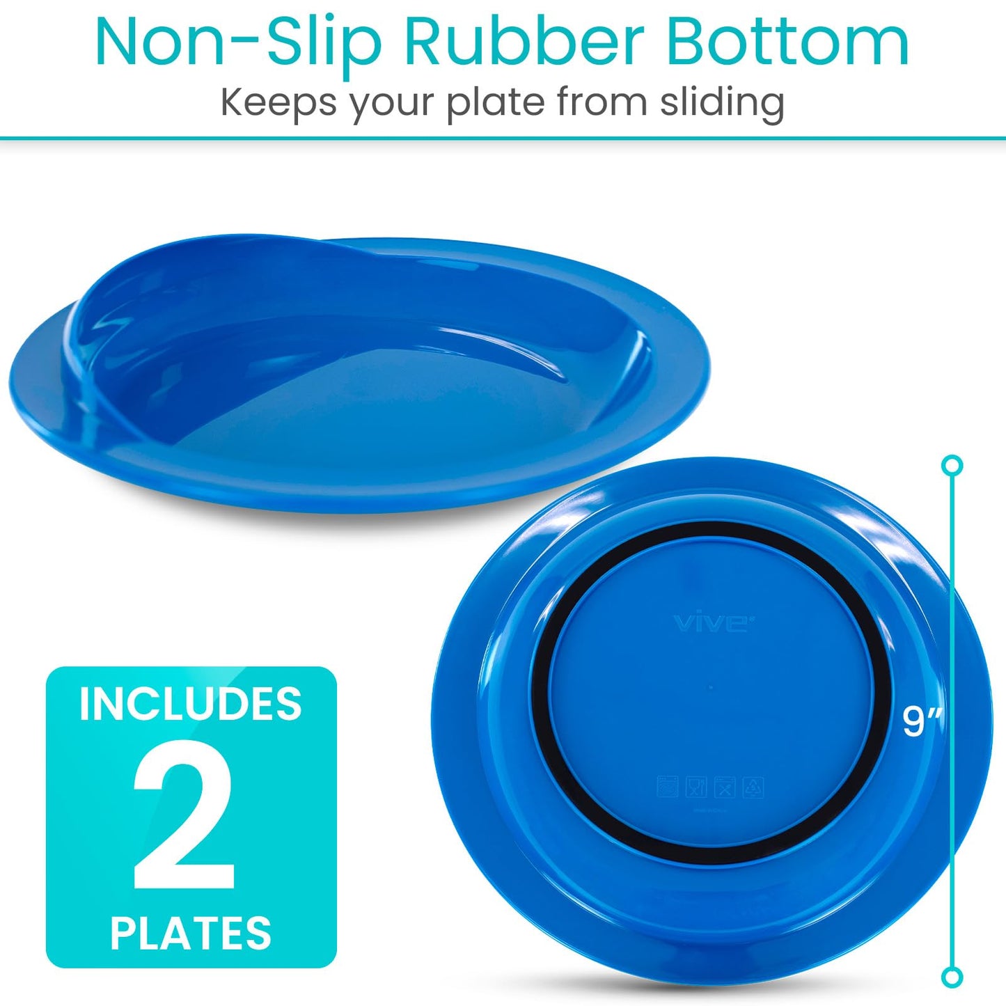 Vive Spill-Proof Scoop Plate, 9" (2 Pack) - Dish with Wall for Disabled, Handicapped, Elderly Adults with Special Needs from Parkinsons, Dementia, Stroke, Tremors with - Non Skid Padded Bottom