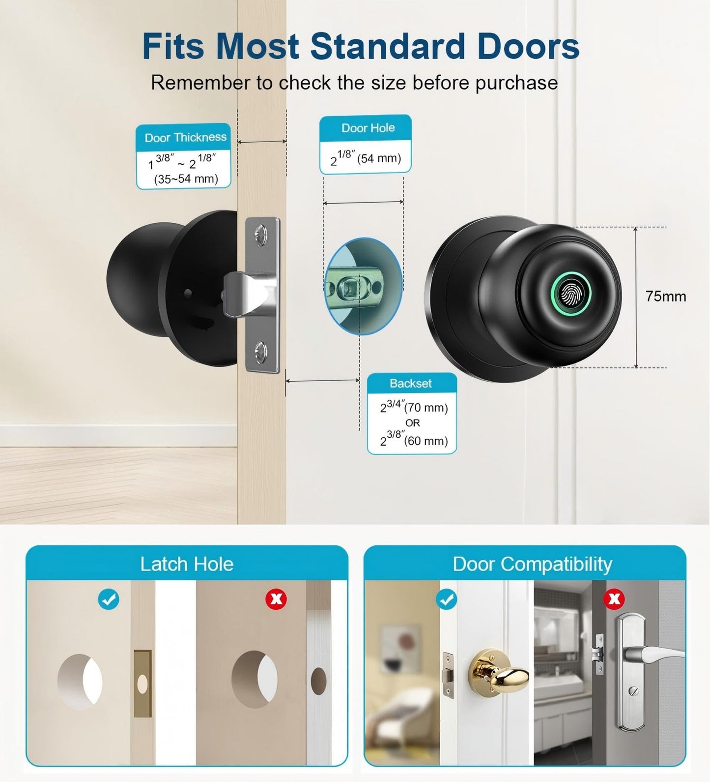 Fingerprint Door Lock, Smart Fingerprint Door Knob with Lock, Biometric Door Locks with App Control & Key, Keyless Thumbprint Entry Door Locks for Bedroom, Front Door, Home, Apartment-Silver