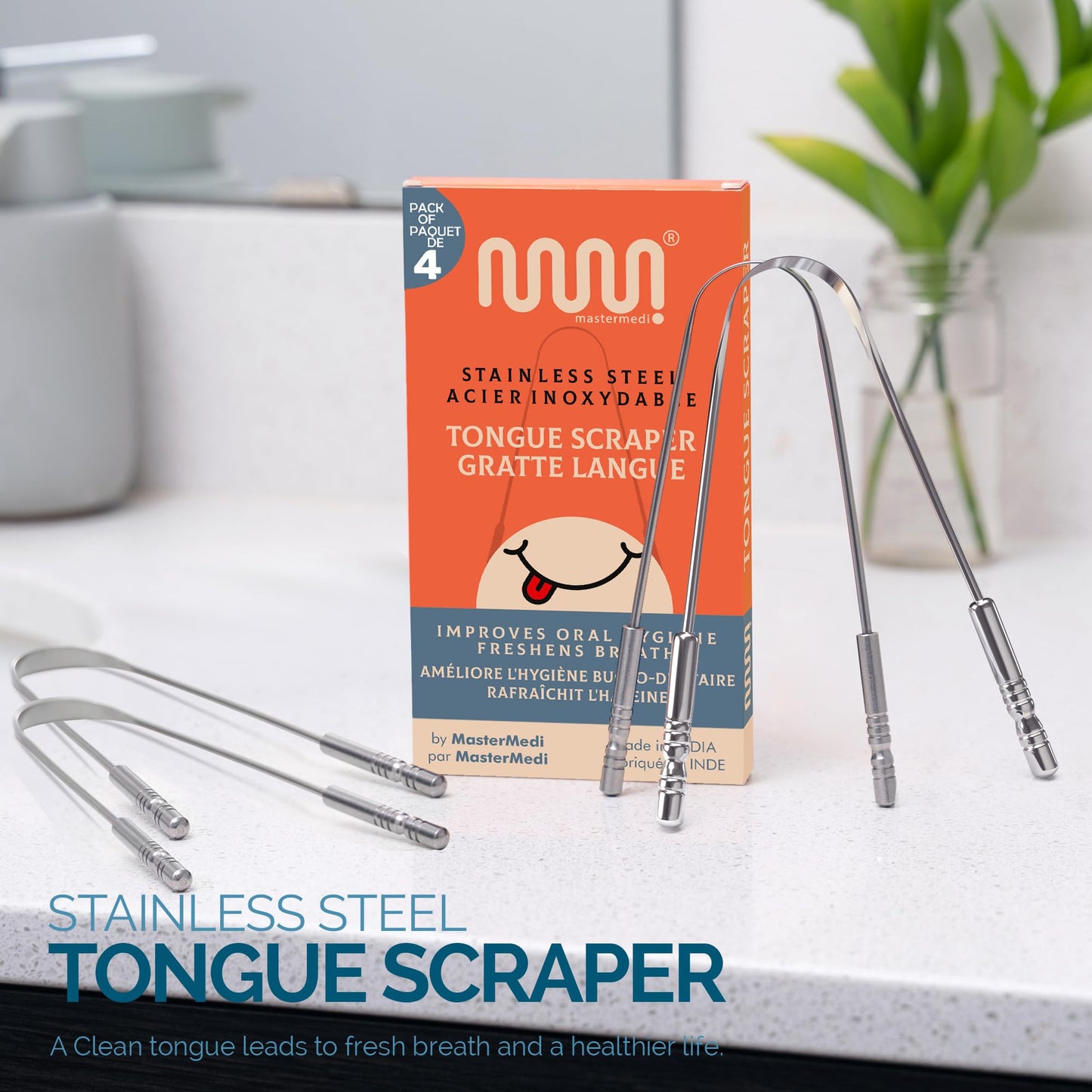 MasterMedi Tongue Scraper for Adults with Multicolor Travel Cases (2 Pack), 100% Stainless Steel, Reduce Bad Breath, Tongue Scrubber, Easy to Use, Tongue Cleaner for Oral Care & Hygiene