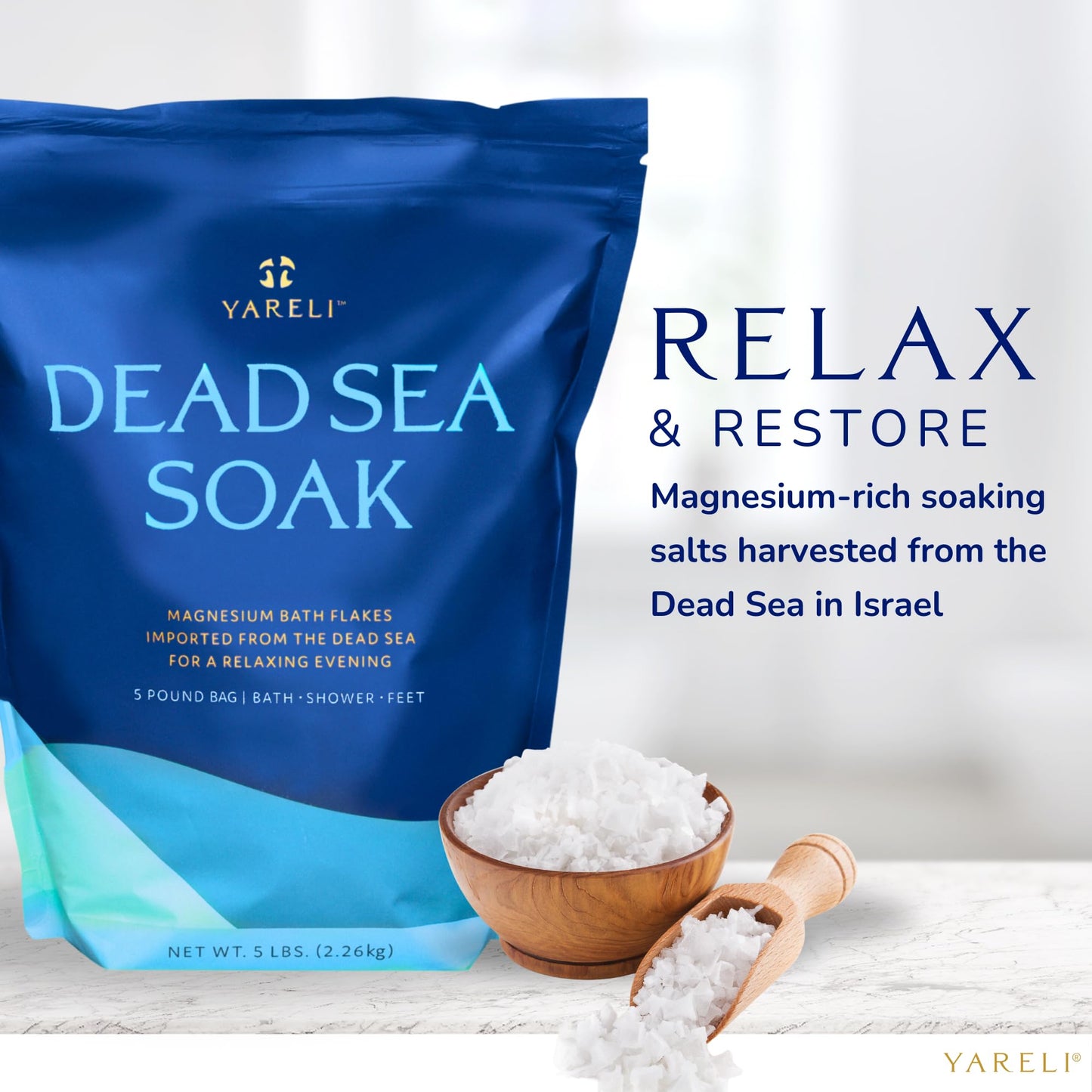 Dead Sea Bath & Foot Soak, Eucalyptus Magnesium Bath Salt Flakes, Alternative to Epsom Salt, 5lbs with Over 250,000mg of Elemental Magnesium Per Bag