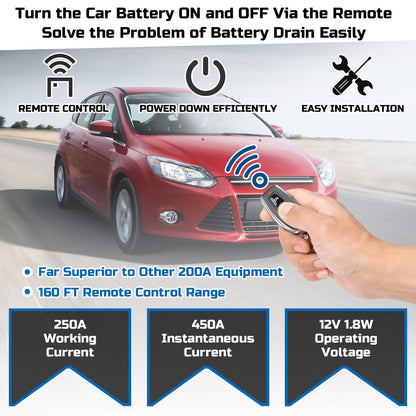Remote Battery Disconnect Switch 12v, 250A, Upgrade Prevent Battery Drain, Disconnect Negative Car Kill Switch Anti-Theft, Remote Battery Kill Switch for Car, Truck, RV