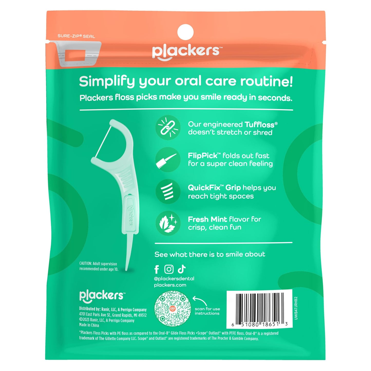 Plackers Micro Line Dental Floss Picks, Fold-Out FlipPick, Tuffloss, Easy Storage with Sure-Zip Seal, Fresh Mint Flavor, 300 Count