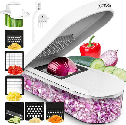 Fullstar Mandoline Slicer for Kitchen - Vegetable Chopper, Onion Potato Food Veggie Fruit Slicer and Cutter with Container, Kitchen Gadgets & Gifts, Home Essentials (10-in-1, White/Black)
