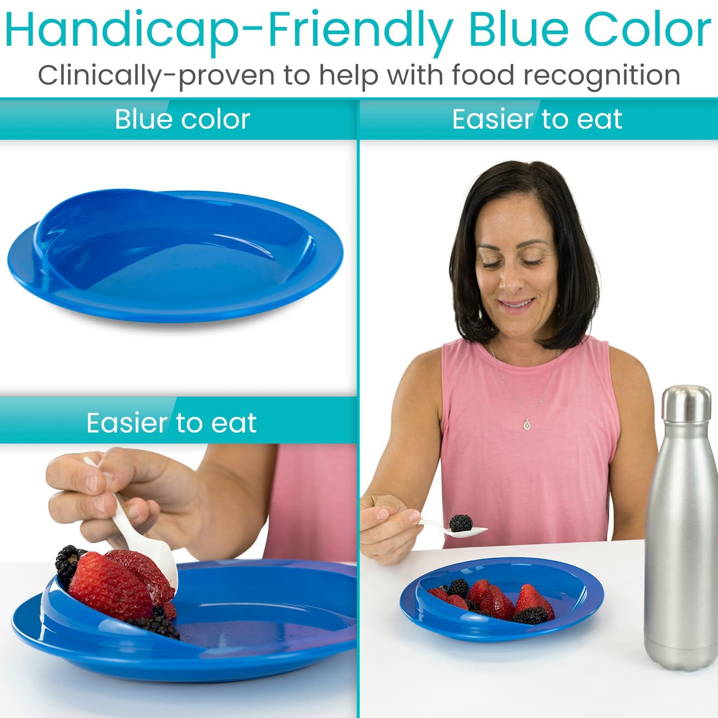 Vive Spill-Proof Scoop Plate, 9" (2 Pack) - Dish with Wall for Disabled, Handicapped, Elderly Adults with Special Needs from Parkinsons, Dementia, Stroke, Tremors with - Non Skid Padded Bottom