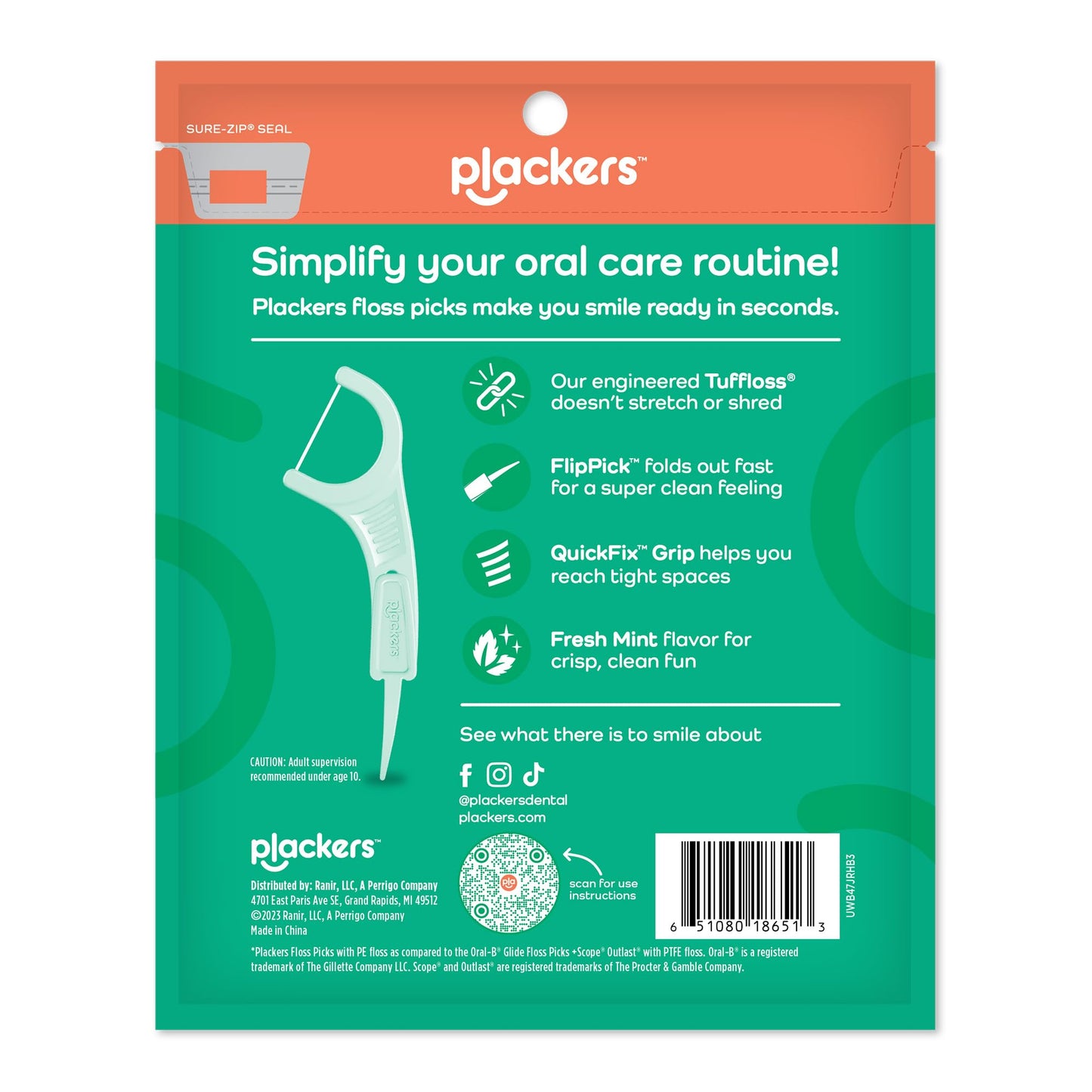 Plackers Micro Line Dental Floss Picks, Fold-Out FlipPick, Tuffloss, Easy Storage with Sure-Zip Seal, Fresh Mint Flavor, 300 Count