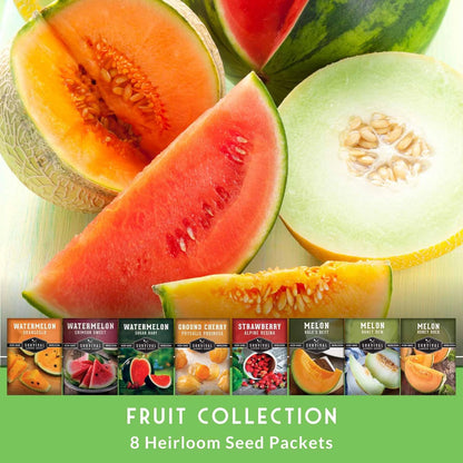Fruit Seeds for Planting - 8 Variety Pack | Watermelon, Cantaloupe, Melon, Strawberry, Ground Cherry for Home Vegetable Gardens - Non-GMO Heirloom Fruits - Survival Garden Seeds